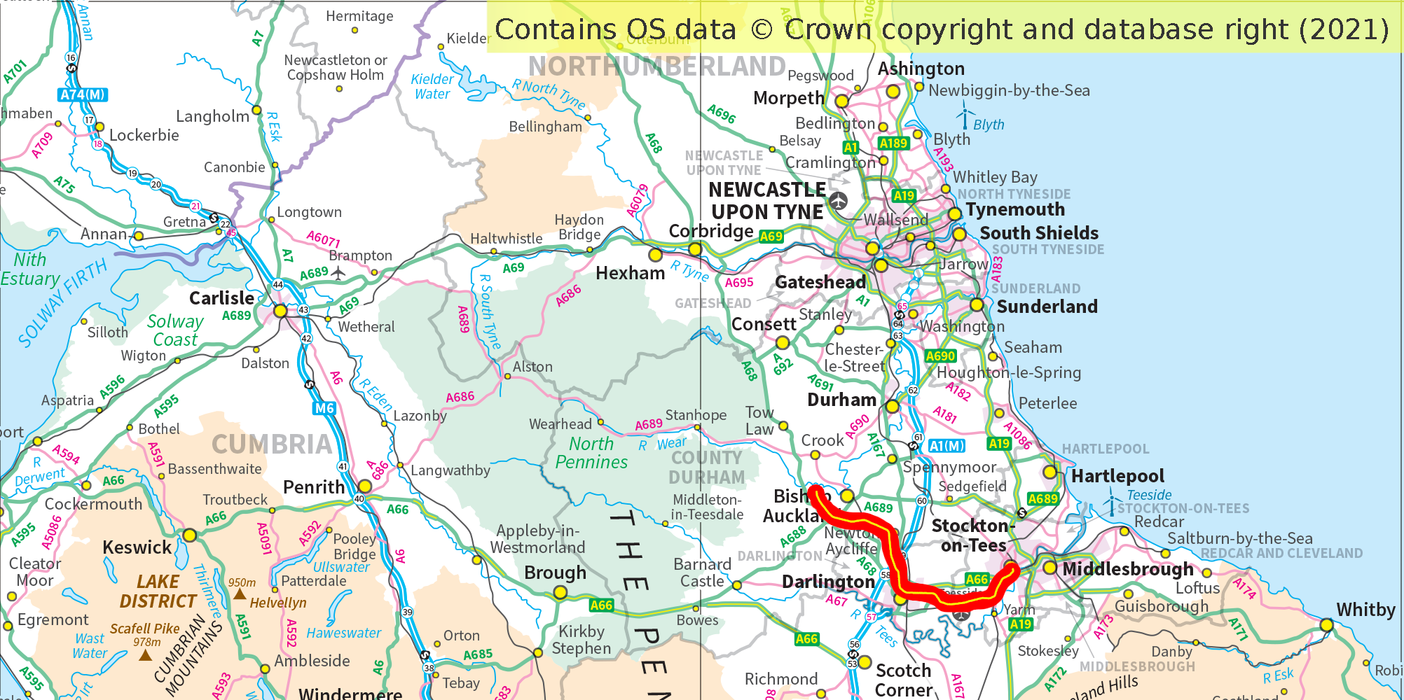 The route of the Stockton/Darlington railway on a modern map.